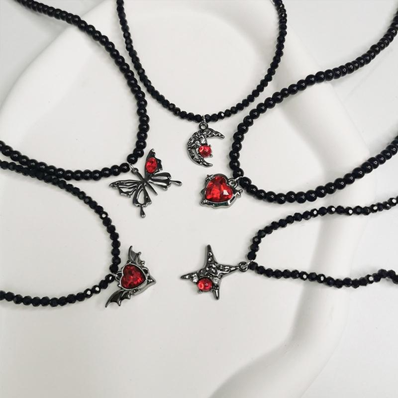 Gothic Style Heart And Butterfly Black Crystal Beaded Necklace Unique Neck Chain For Women Seeking Unique Fashion