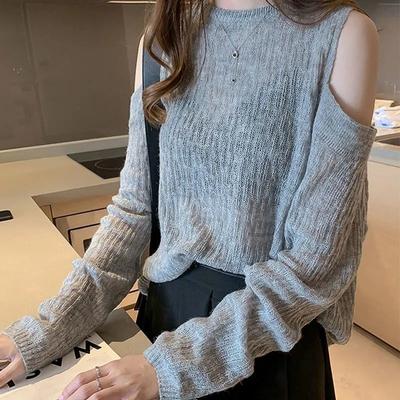 Off-the-shoulder Knitwear Loose Round Neck Pullover Long Sleeve Thin Hollow Out Top Spring Autumn Lazy Style