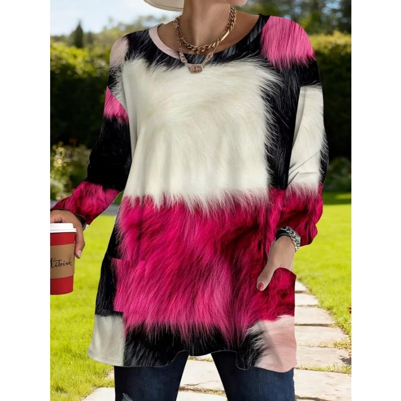 Women's long-sleeved round-neck T-shirt, suitable for spring, autumn and winter seasons. It has pockets and print designs. machine washable.