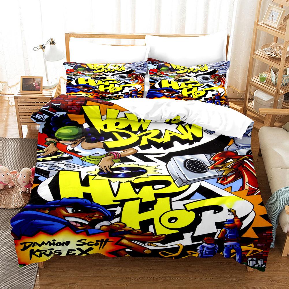 Cartoon Style Hip-hop Doodle 3D Printed Duvet Style Pillowcase Bedding Set Teenager Bedroom Decor Bed Set