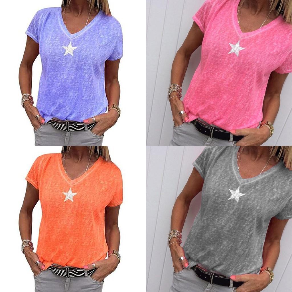 Stylish Women V-neck T-shirt Casual Loose Star Summer Shirts Solid Short Sleeve Perfect For Outdoor Activities