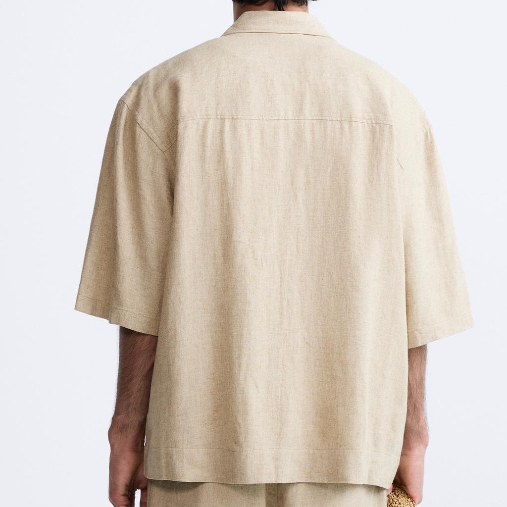 Zara Solid Color Comfortable Button Short Sleeve Shirt Men Shirts Beige 1195410-052