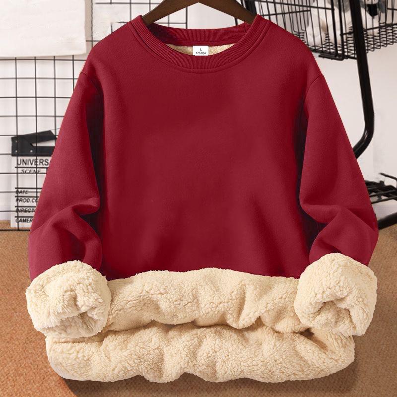 Lambswool Velvet-Lined Crew Neck Hooded Pullover for Women – Loose, Solid Color, Korean Style, Autumn/Winter