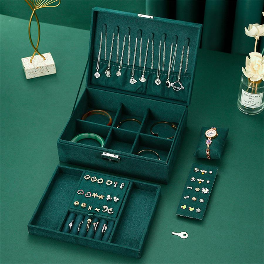 Vintage Jewelry Display Box Double Layer Velvet Pendant Necklace Bracelet Earring Ring Watches Storage Boxes Jewellery Organizer