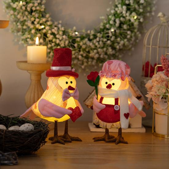 Valentine's Day Bird Figurines Lighted Couple Birds Statue Tabletop Standing Fabric Birds Ornament for Tiered Tray Table Shelf Mantel Fireplace Decor