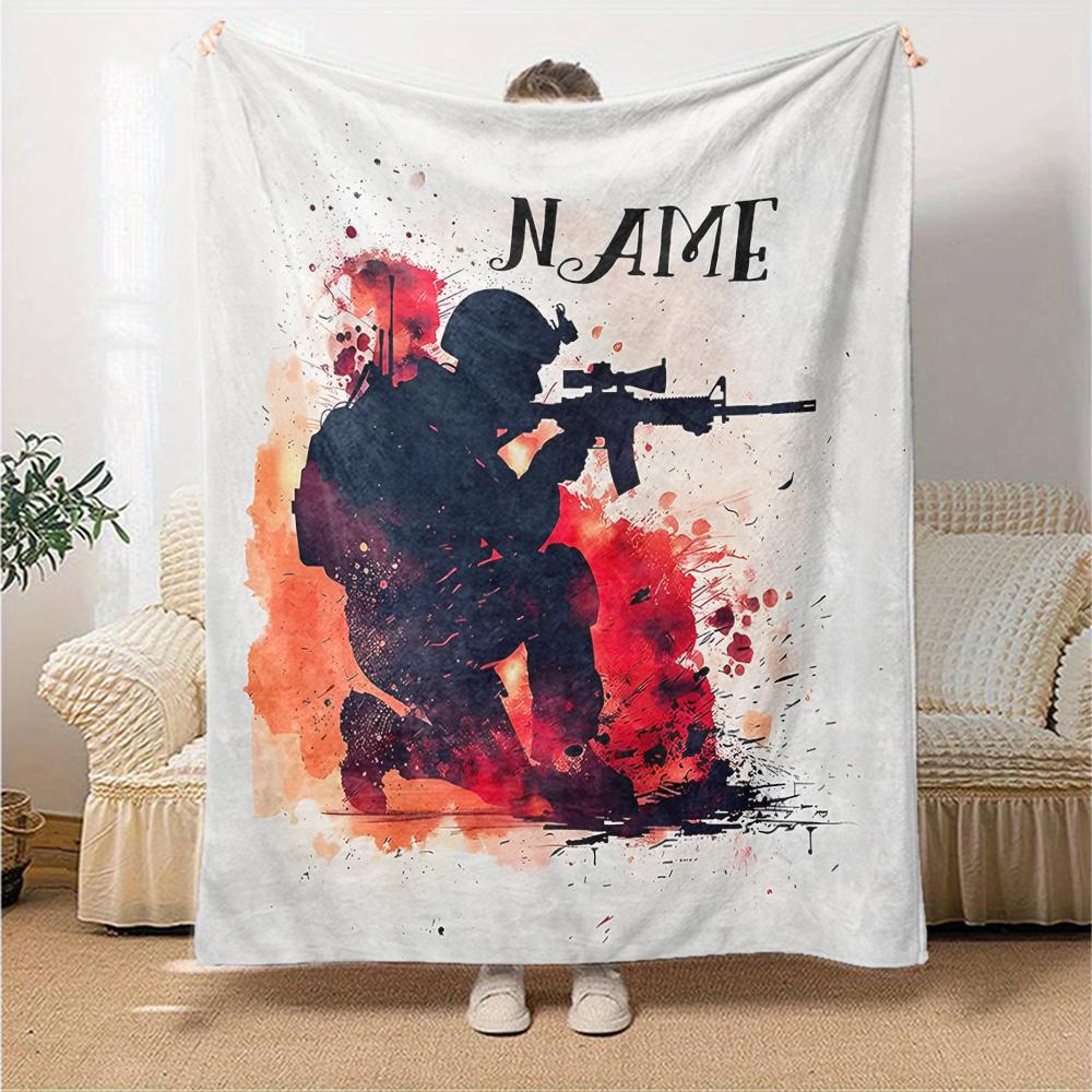 Soldier Silhouette With Rifle And Abstract Splash Design Cozy Personalized Text Comfortable Versatile For Sofa Couch Office Bed Picnics Ideal For All
