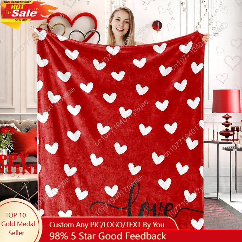 Valentine's Day Fuzzy Blanket Love Heart ThrowBlanket Red Cozy Flannel Blanket for Home Custom Blankets