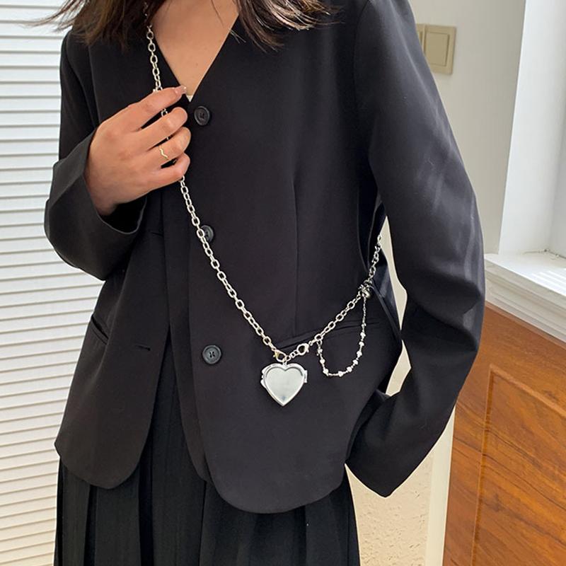 Ins Pearl Crossbody Shoulder Bag Chain Long Necklace W/Heart Mirror Pendant Pearl Shoudler Chain Personality Collares Jewelry