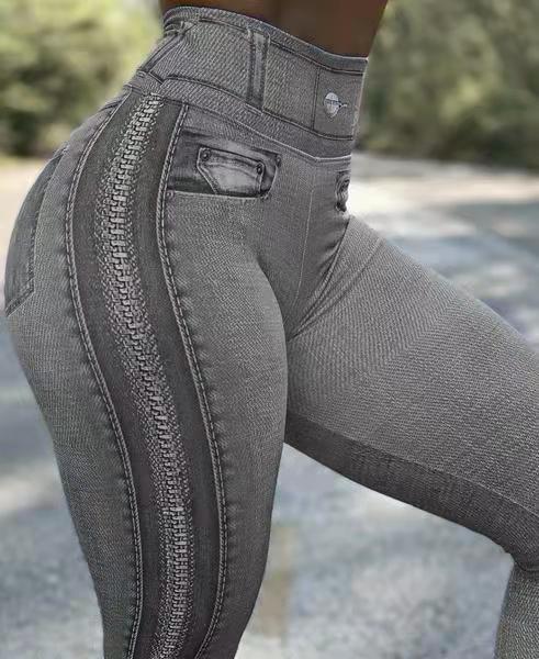 2024 Autumn Winter Women's High Waist High Elastic Imitation Denim Leggings Solid Color Fitness Sports Yoga Pants