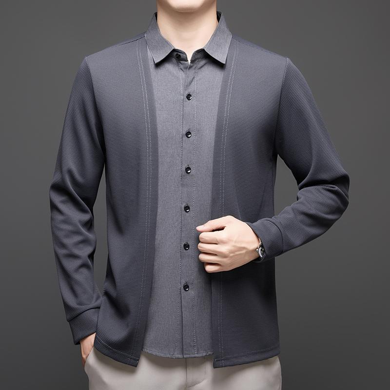 Men s Shirt Collar Fake Two-Piece Long Sleeve T-Shirt Autumn Color Blocked Knitted Cardigan Casual Menswear M серый