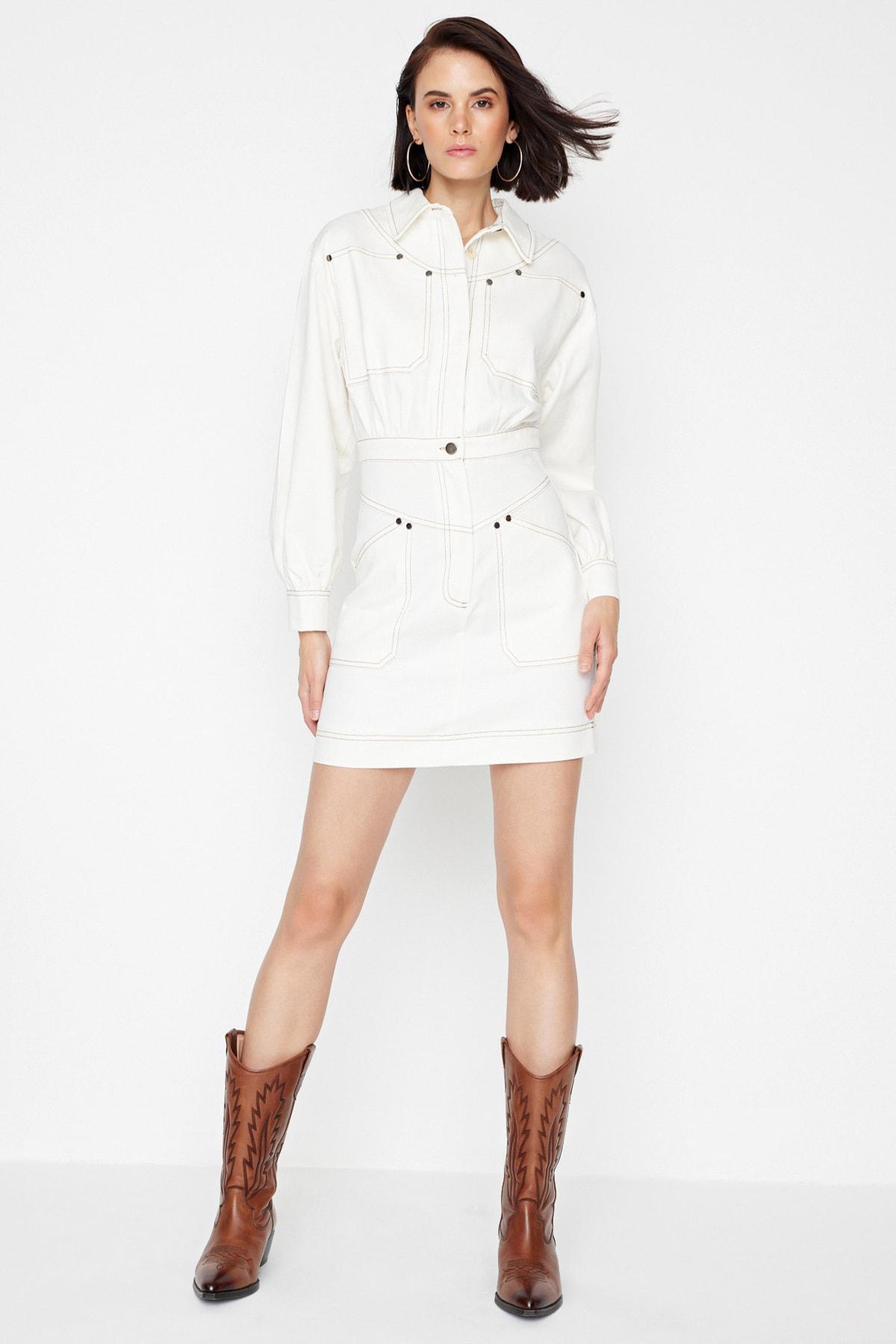 

Бежевое тканое платье с рубашечным воротником TWOAW23EL01423..