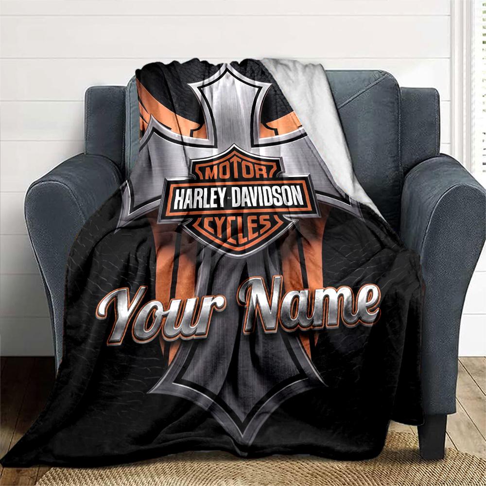1pc HarleyDavidson Blanket with Custom Name, Gift, for Men and Women, Soft Blanket, Good for Sofa Bed Couch Travel, Lightweight Flannel Blanket