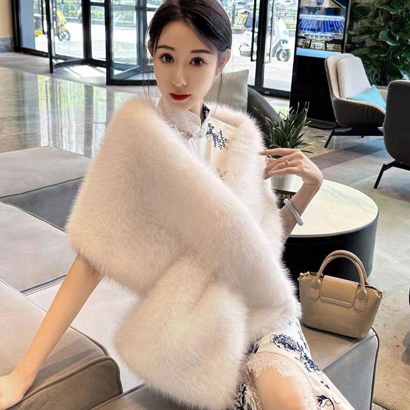Rectangular Shawl Faux Fox Fur Cheongsam Wedding Dress Travel Photography Outerwear Skirt Banquet Cape Cloak
