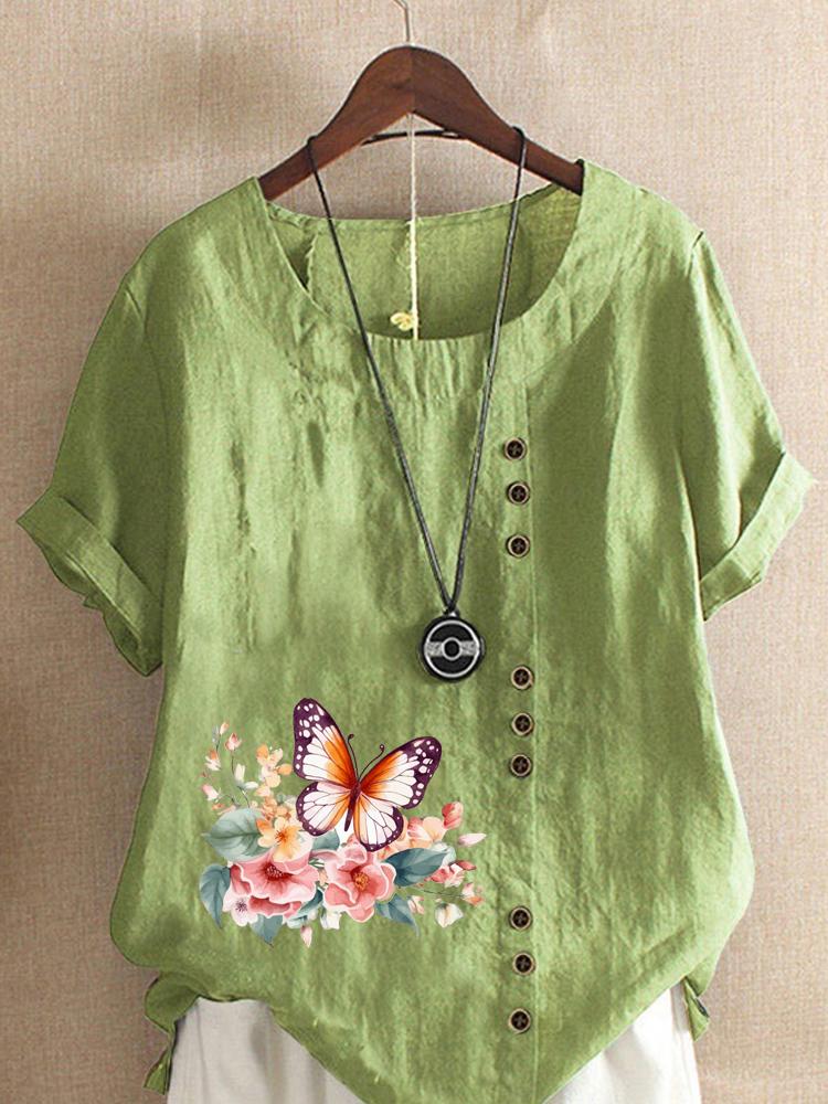 

Women s Fashion Butterfly Floral Print Round Neck Short Sleeve T-shirt Casual Cotton Linen Graphic Shirt Leisure Loose Summer Blouse Tops 5XL зелений