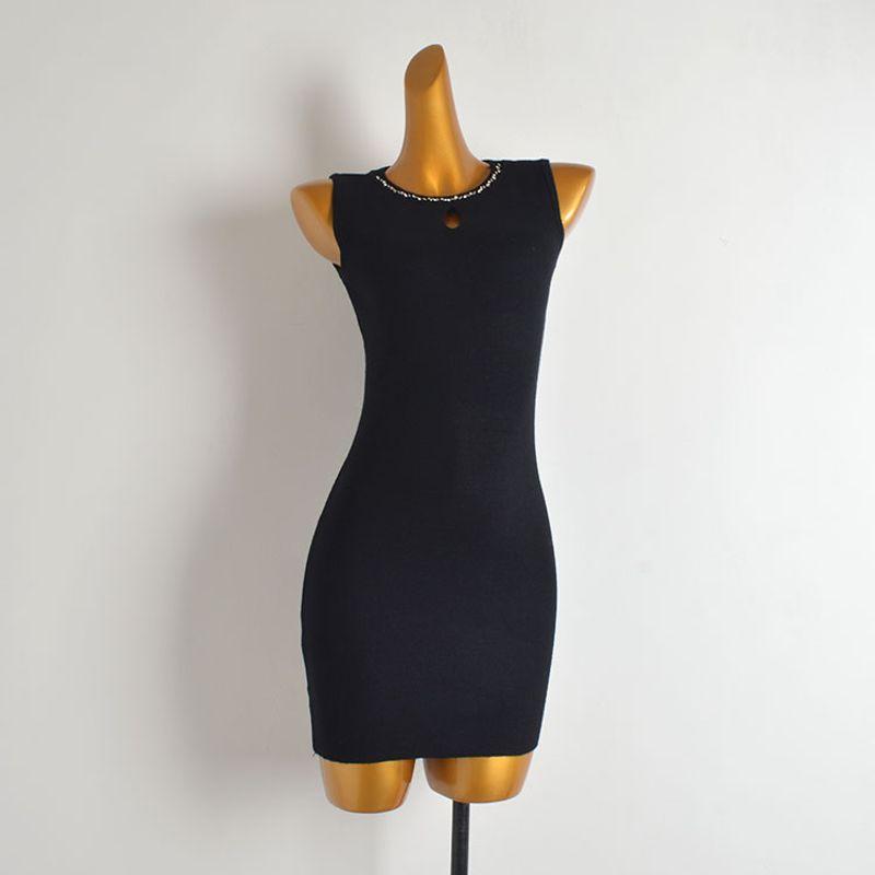

Spring and Summer New Arrival Pure Color Sexy Cutout round Neck Bead Sleeveless Knitting Vest Dress Women s Clothing Silm Bodycon Dress Black All yards