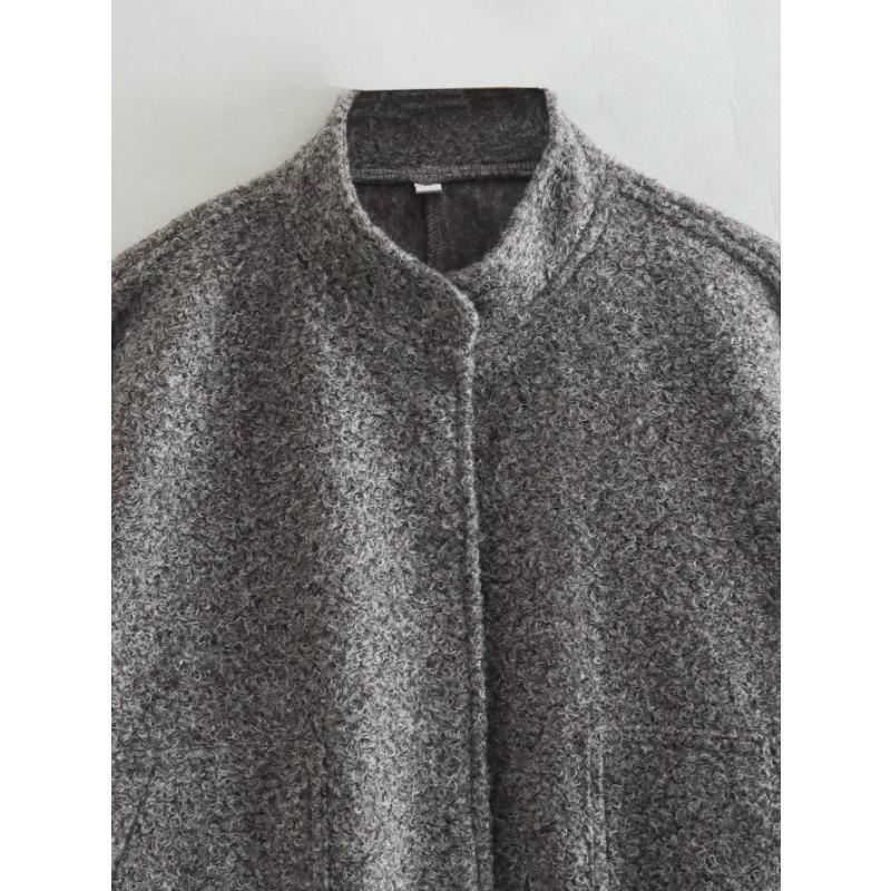 Women Fashion Vintage Pockets Woolen Jacket Autumn Casual Solid Long Sleeve Coat Snap Button Loose Outerwear