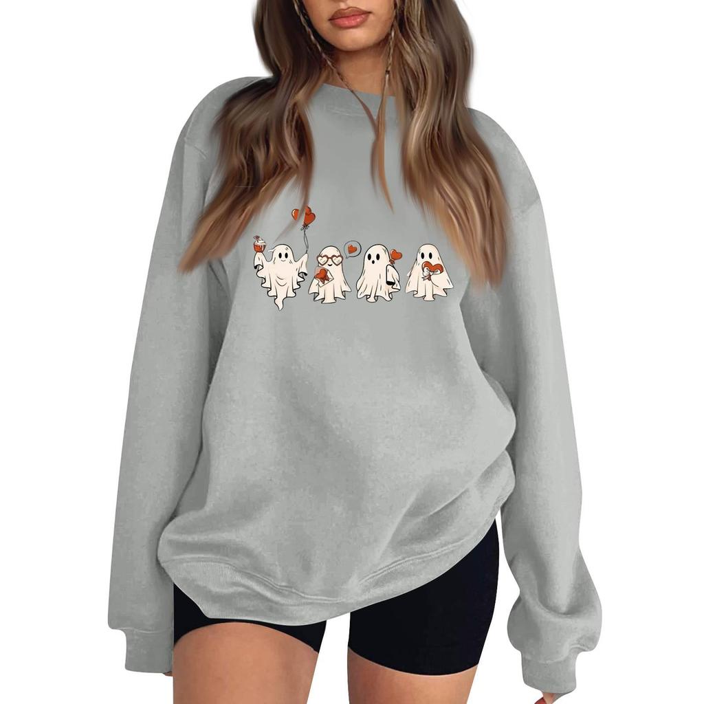 Women's Neck Long Sleeve Comfy Sweatshirt Casual Loose Fit Color Halloween Print Pullover