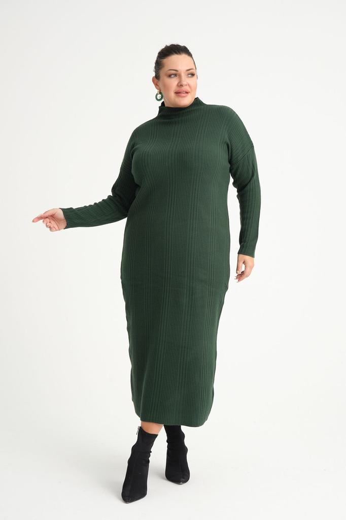 Damen Big Size Kleid Grün Halb Rollkragen Strickkleid Plus Size