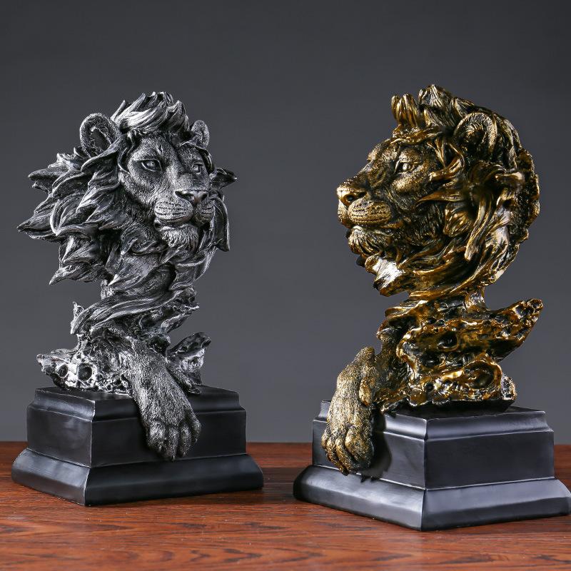 American Retro Animal Copper-Lion Head Resin Craft Ornament, Soft Furnishing Decoration For Entryway, Office And Wine Cabinet