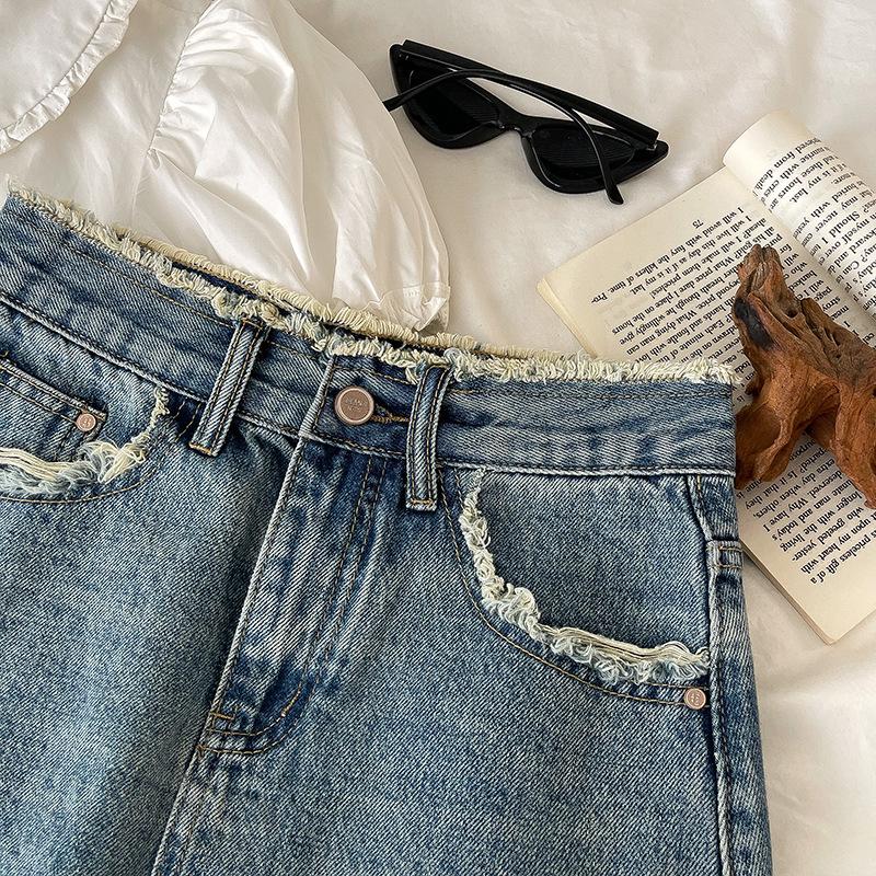Classic Versatile Youthful Raw Edge Bustier Design Sense Retro High Waist A-line Package Hip Short Skirt Ladies Summer Fashion Denim Short Skirt