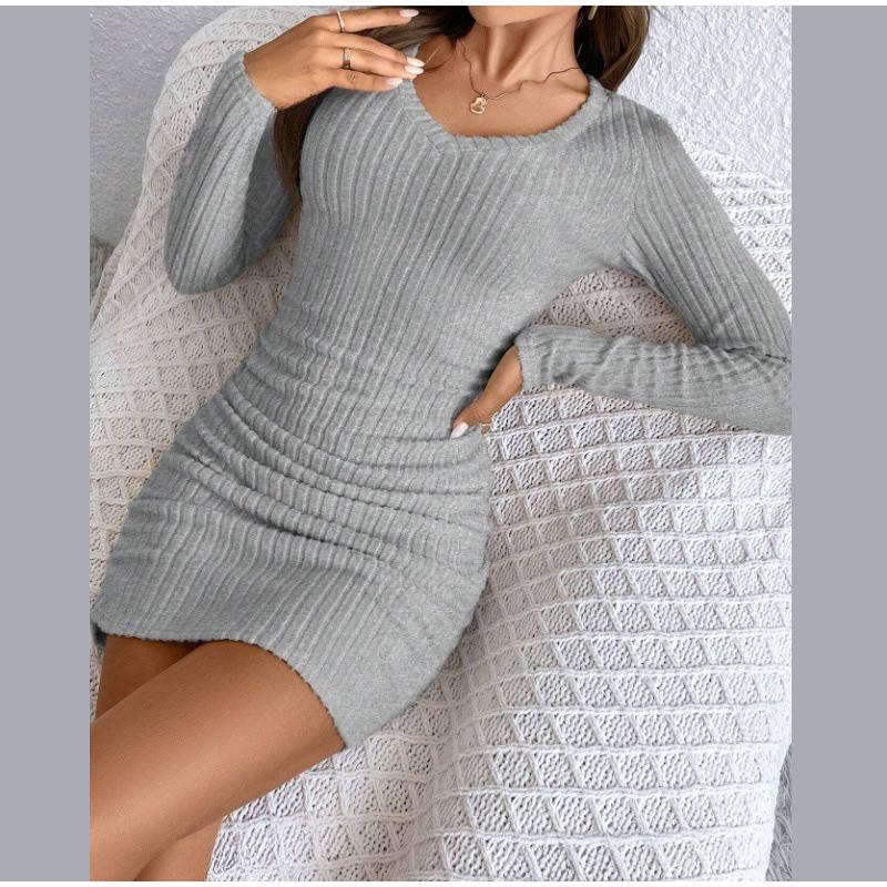 Women's Dresses Autumn Fitting Slim Plain Long Sleeve V-Neck Bodysuit Mini Casual Dresses Sexy Dress for Women