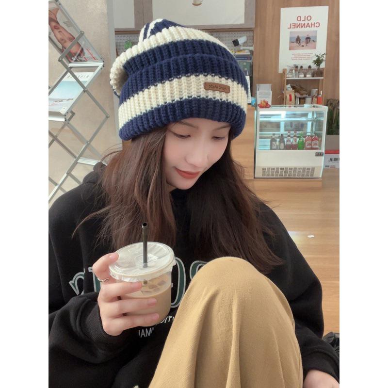 Winter Warm Woolen Women's Slouchy Hat: Thickened Korean-Style Striped Knit for Large Heads, Slimming Effect