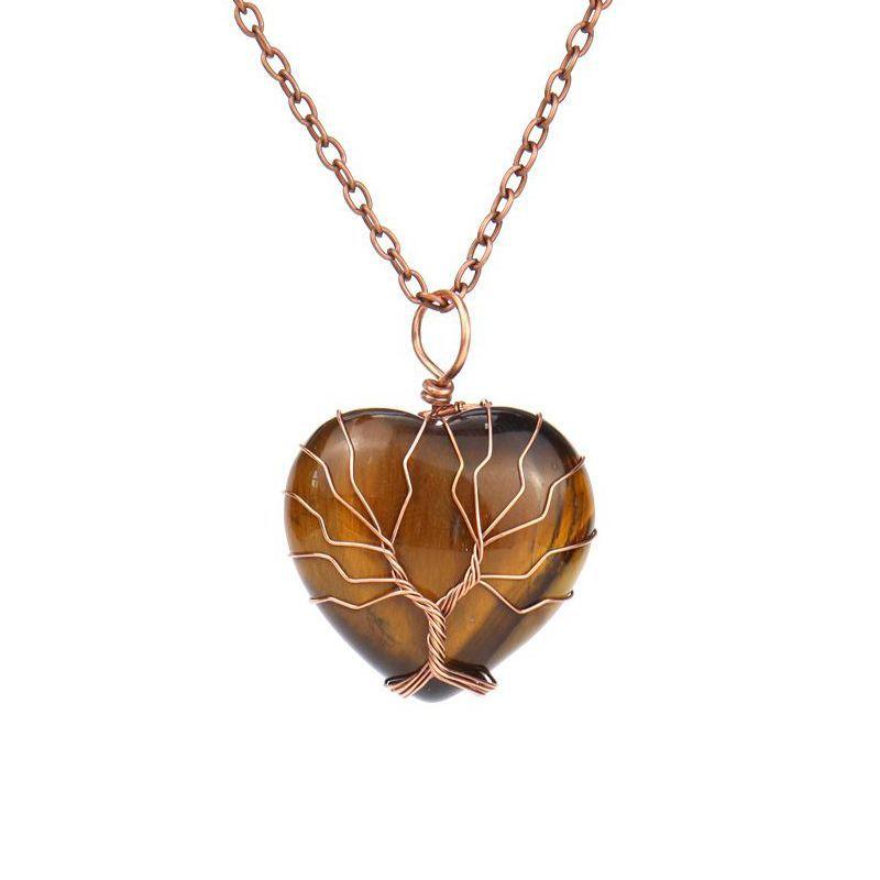 Ancient Red Copper Hand-Wound Peach Heart Natural Stone Heart-Shaped Powder Crystal Tree Of Life Necklace N519
