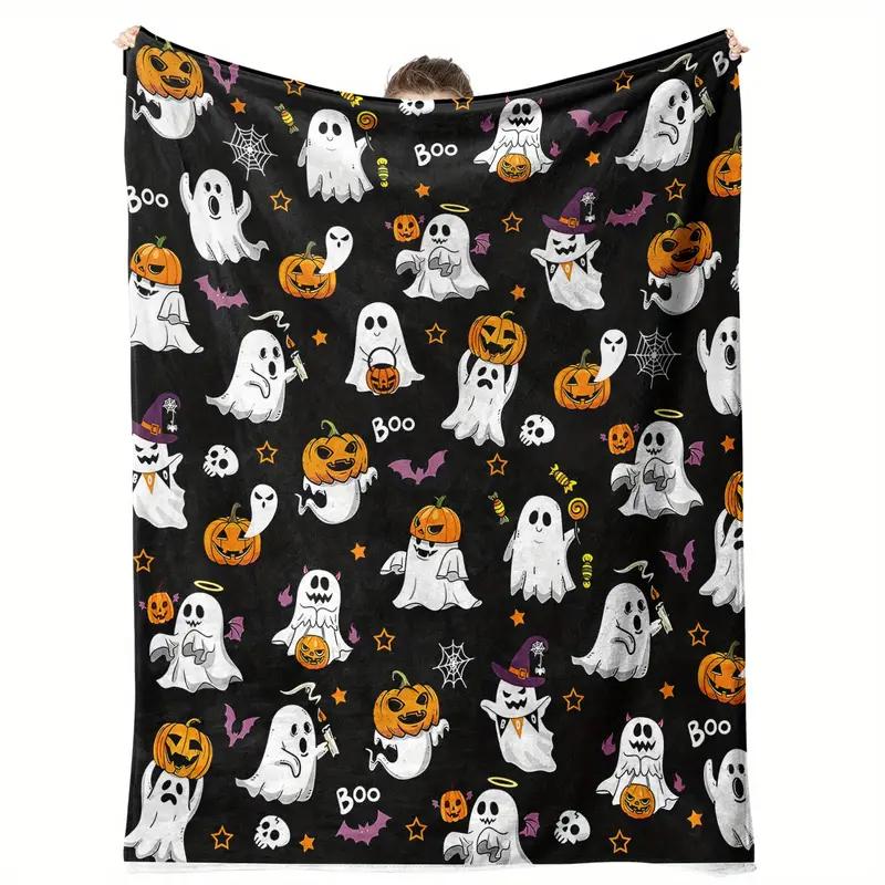 Halloween Blanket - Soft Flannel Throw Blanket with Ghost, Jack-O-Lantern, Bat Pattern - Black Background for Halloween Parties 130x150cm