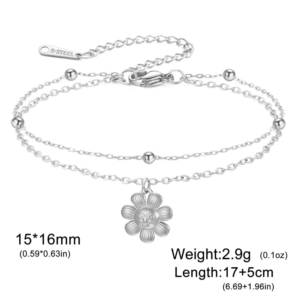Teamer Bohemian Flower Charm Bracelet Stainless Steel Adjustable Double Layer Beads Chain For Women Fashion Sweet Jewelry Gift