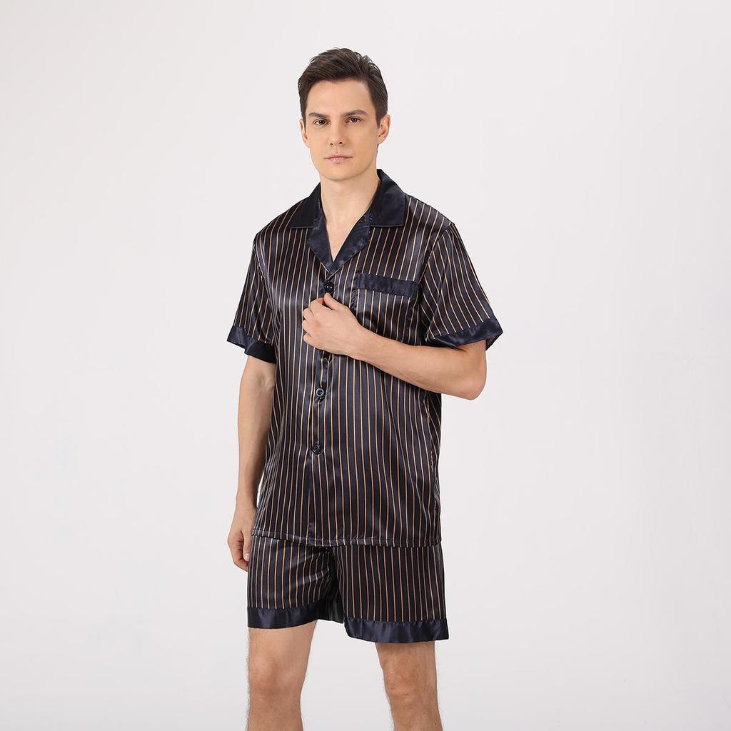 Men's Plus Size Summer Pajama Set: Loose European Fit, Lapel, Solid Color, Short Sleeve & Shorts