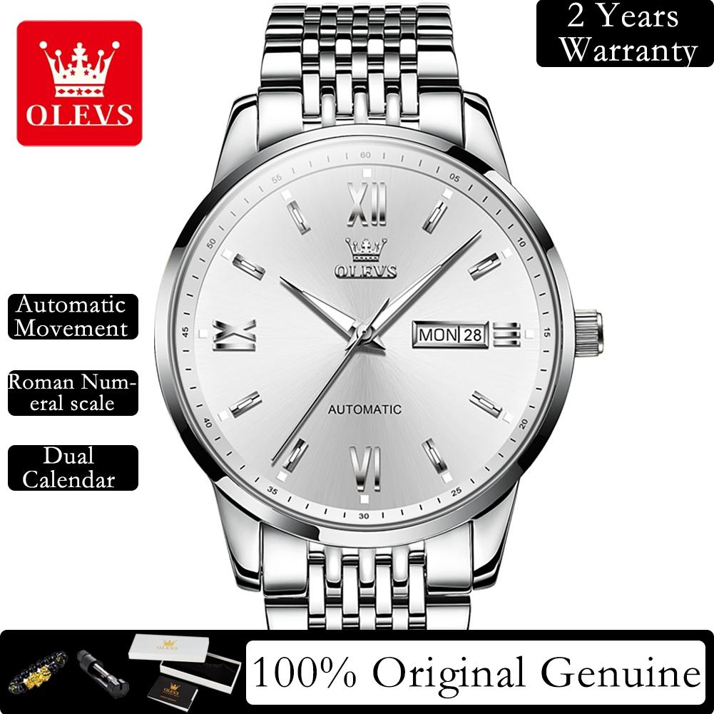 OLEVS Watches for Man Original Stainless Steel Dual Calendar Luminous Waterproof Business Automatic Mechanical Men's Watch 6777