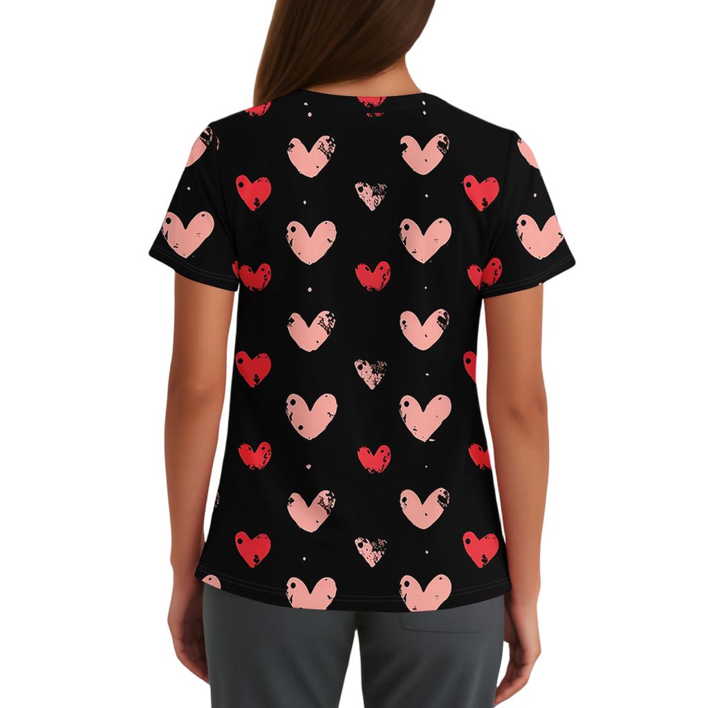 Women's Cute Bow Printed Work Clothes V,neck Double Layer Pockets Basic Short Sleeve Top Pullover