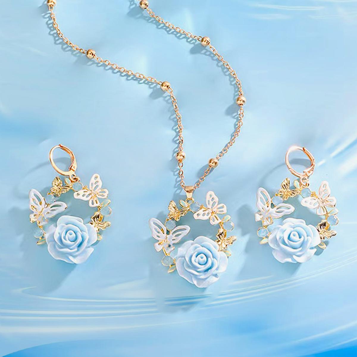 Комплект украшений: подвеска-бабочка с розой, серьги. Милый и свежий набор для свиданий, женский набор серег