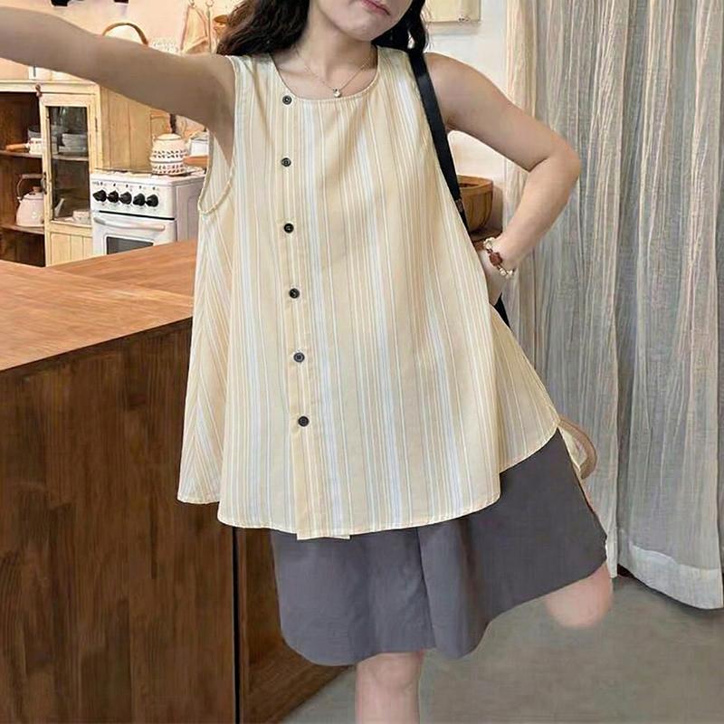 ZANZEA Women Casual Round Neck Loose Stripe Sleeveless Tank Tops S абрикосовый