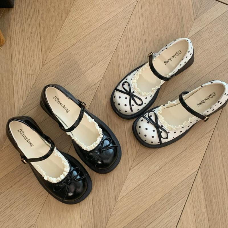 Cute Polka Dot Thick Heel Women Mary Jane Shoes Comfort Shallow Strap Pumps Ladies Eelgant Butterfly-knot Dress Single Shoes