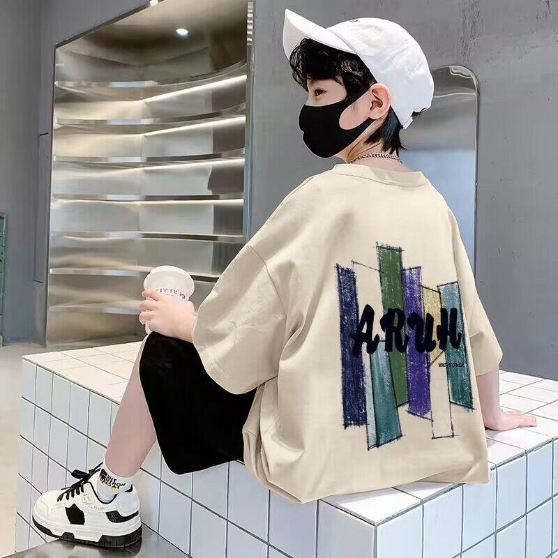 Boys' Short Sleeved T-shirt for Summer Loose and Handsome Printed Cartoon Half Sleeved Top for Children