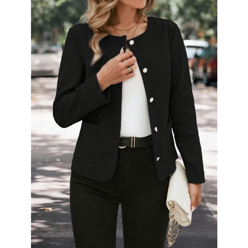 Women's Casual Black Jacket - Relaxed Fit Round Neck Solid Color Outerwear, Machine Washable & Dry Cleanable,