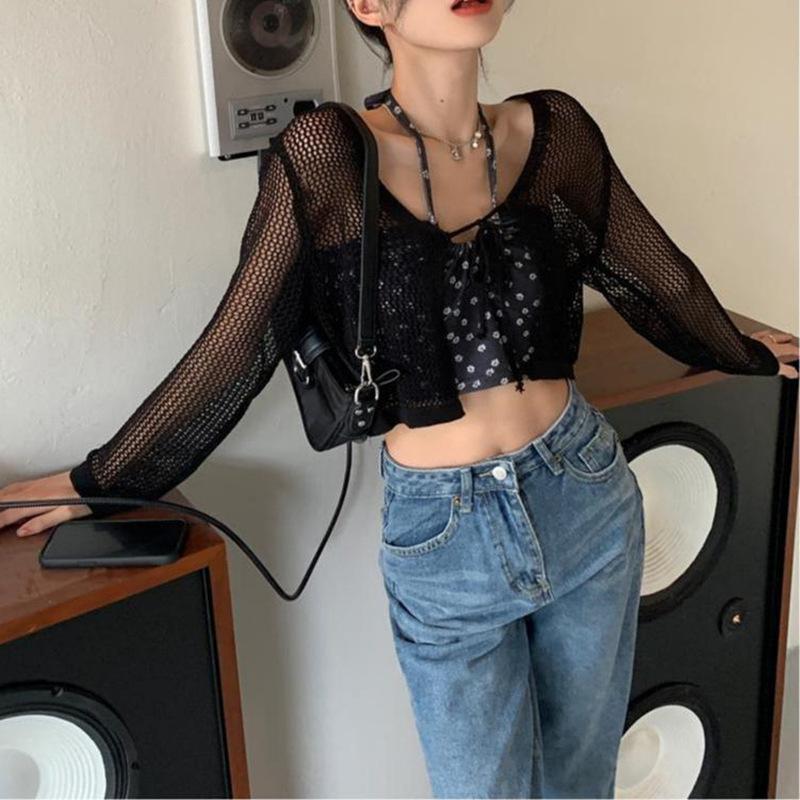 Summer thin French V-neck knitted cardigan fresh and sweet design lace-up hollow blouse short top women