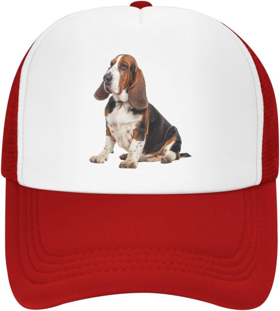 Basset Hound Dog Print Mesh Trucker Hat Casual Adjustable Snapback Cap for Unisex Adults