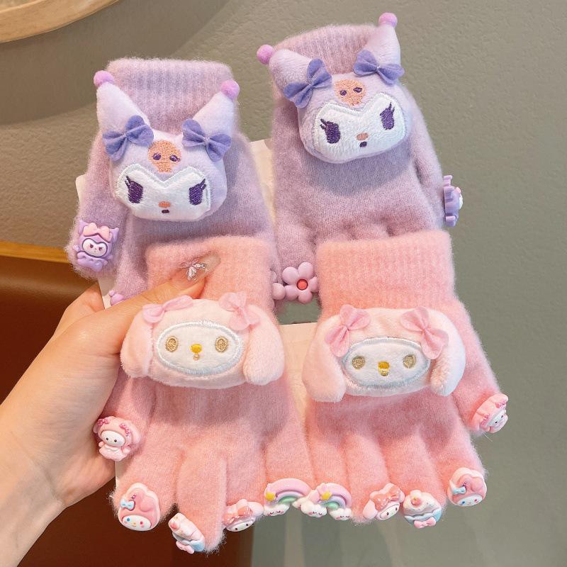 Girls' Kuromi Fleece-Lined Fingerless Gloves - Warm, Cold-Proof, Autumn/Winter Children's Accessories