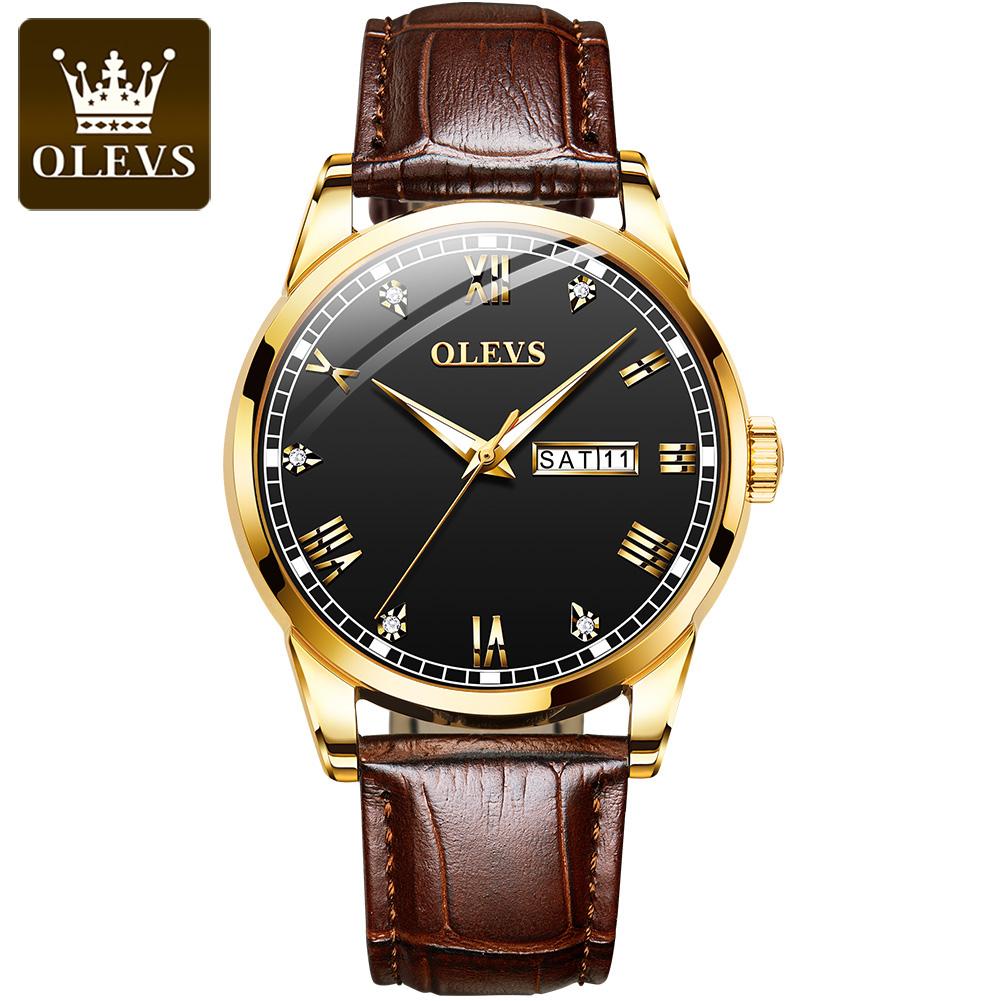 OLEVS 6896 Men Quartz Movement Watch Fashion Diamond Roman Index Leather Strap HD Luminous Function Waterproof Calendar Watch