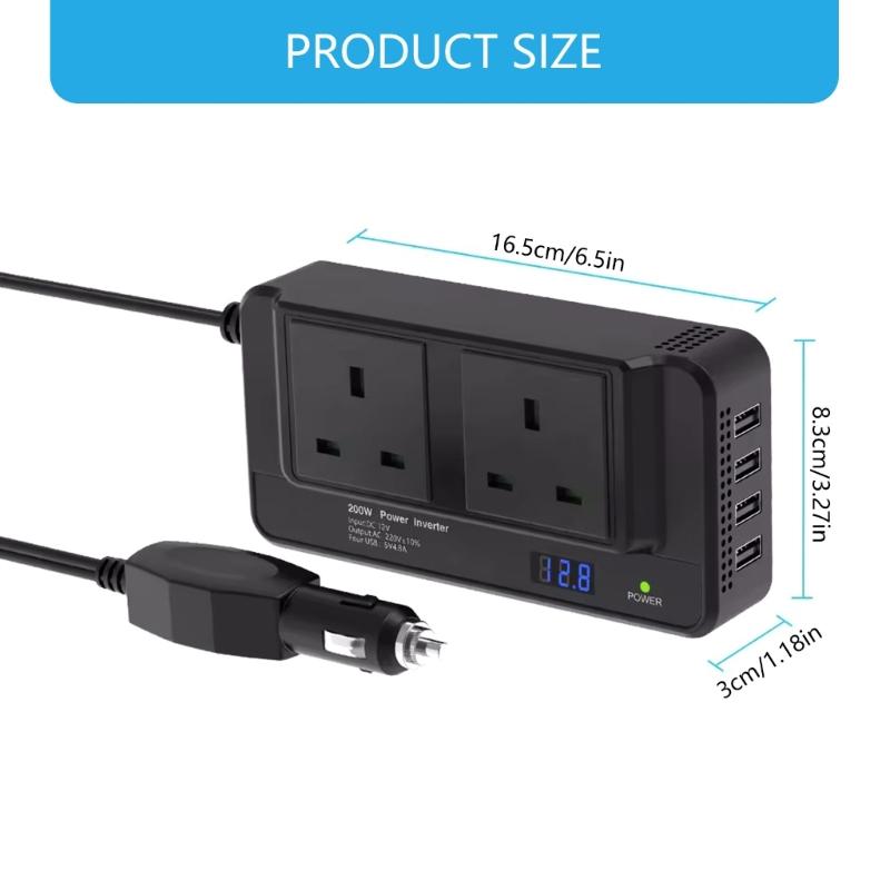 200W Car Power Inverter 12V To 220V Converter with 4 USB Ports & Double Outlets Easy to Carry for Vehicles Trucks RVs