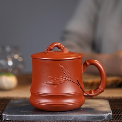 Yixing Purple Sand Cup Pure Handmade Large Tea Cup Office Cup Household Vermilion Bamboo Joint Bamboo Leaf Cover Cup 300ml