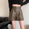 Women's High-Waist PU Leather A-Line Shorts, Brown Wide-Leg Style for Autumn/Winter 2024. Perfect Outerwear with Boots.