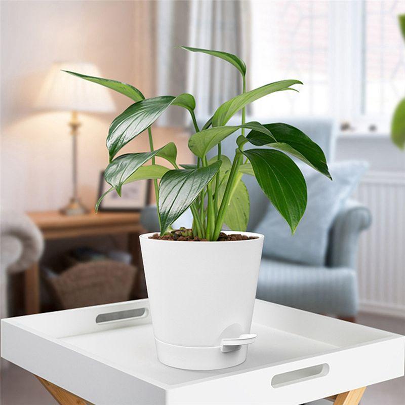 ABWR-5 Pack 5 Inch Self Watering Pots For Indoor Plants, Flower Pots Planter With Drainage Holes And Wick Rope White Easy Instal