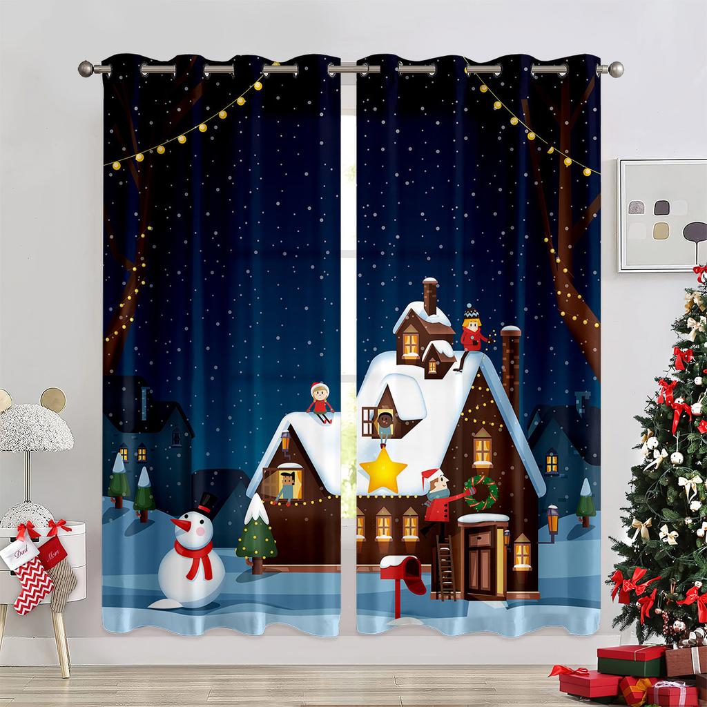2 Piece Christmas Holiday Red Decorative Curtains Snowman Gift Christmas Tree Living Room Bedroom Balcony Decorative Curtains