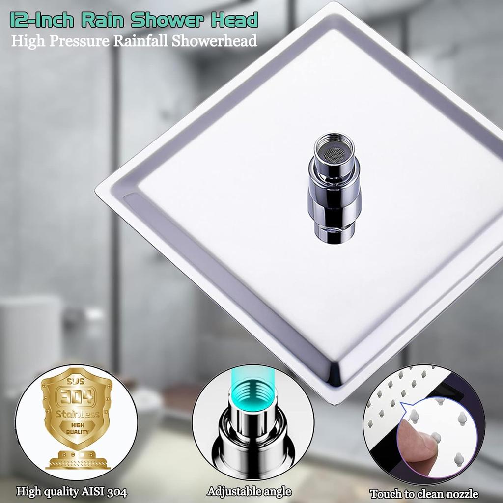 Rain Shower Head 12 inch (30x30cm) High Flow Large Rainfall Shower Head with Self-cleaning Silicone AISI 304 Waterfall Showerhead Ceiling or Wall