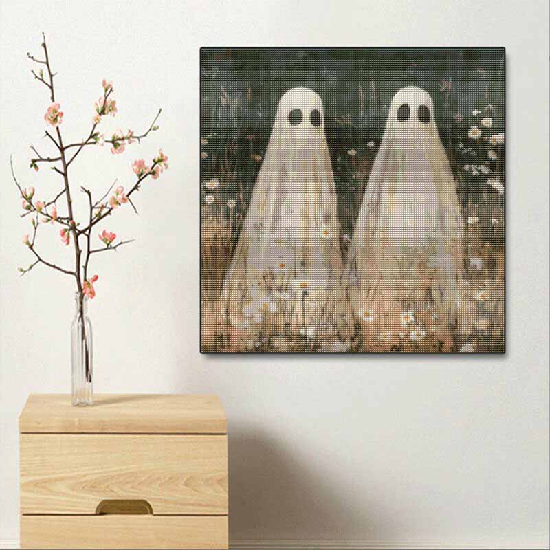 DIY Diamond Painting Canvas Cute Two Ghosts in Flower Field Pattern 5D Rhinestone Art Kit for Home Wall Decor Crafting Supplies