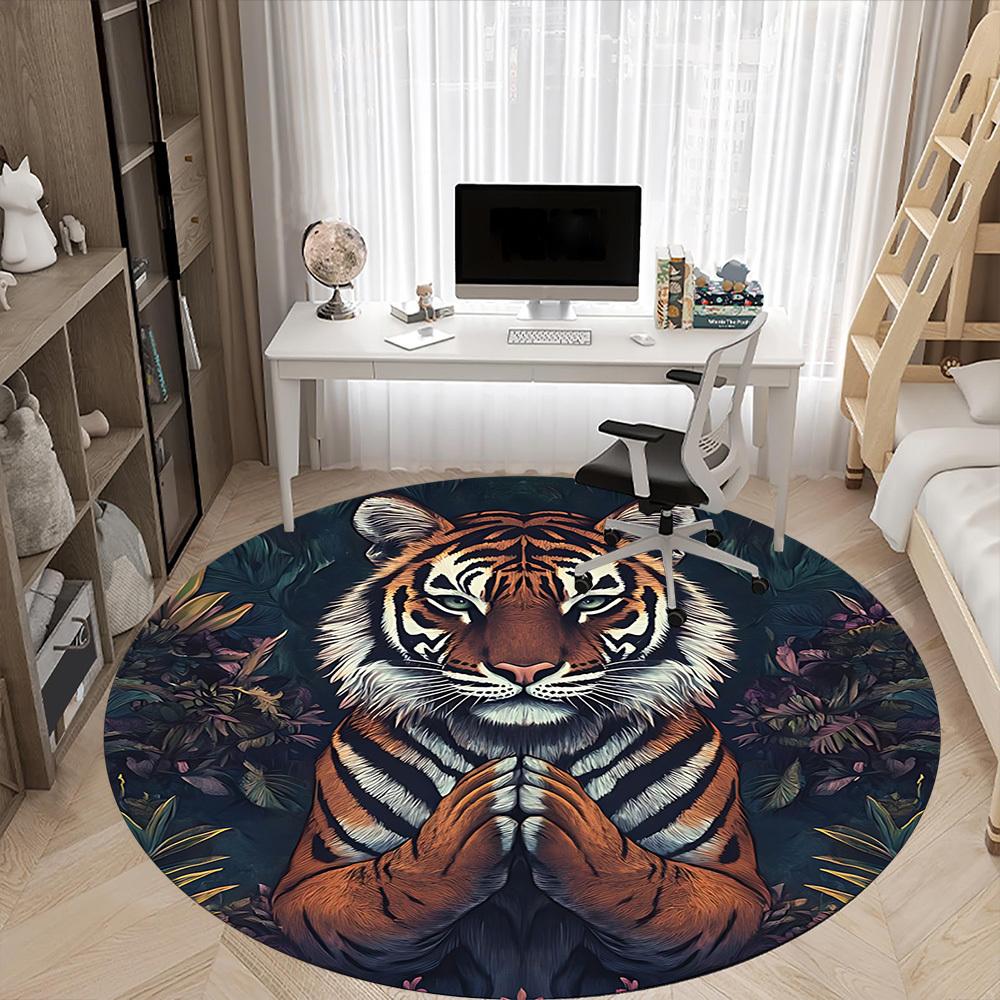 1pc Tiger Print Carpet, Round Non Slip Durable Large Size Office Carpet, Suitable for Office