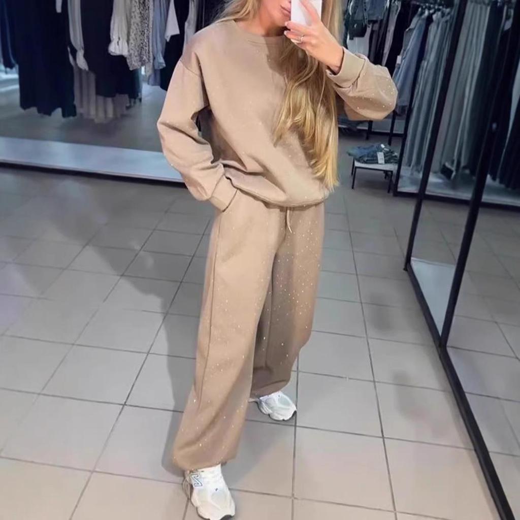 2024 Women's Casual Round Neck Long Sleeve Two-Piece Set with Hot Drill Detail and Drawstring Cuffs, Perfect for Autumn and Winter